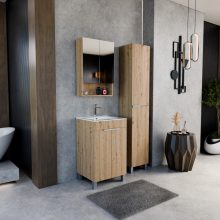 HD Paris Oak 50 komplett fürdőszoba bútor szett álló mosdószekrénnyel, szálcsiszolt króm elemekkel, fényes fehér slim mosdóval, tükrös szekrénnyel és magasszekrénnyel