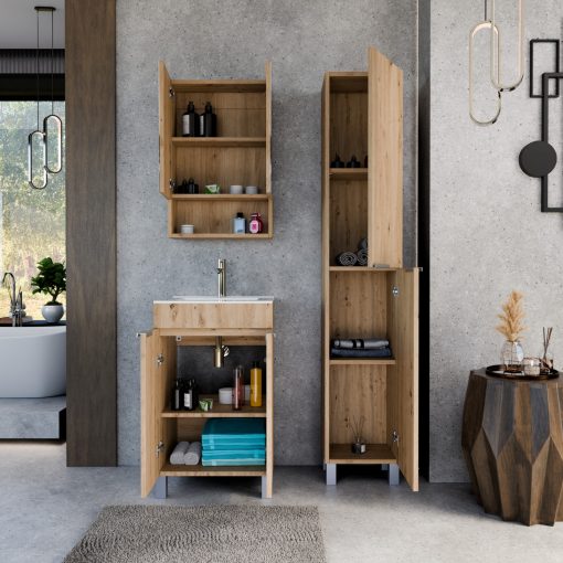 HD Paris Oak 50 komplett fürdőszoba bútor szett álló mosdószekrénnyel, szálcsiszolt króm elemekkel, fényes fehér slim mosdóval, tükrös szekrénnyel és magasszekrénnyel