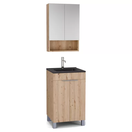 HD Paris Oak 50 komplett fürdőszoba bútor álló mosdószekrénnyel, szálcsiszolt króm elemekkel, matt fekete slim mosdóval és tükrös szekrénnyel