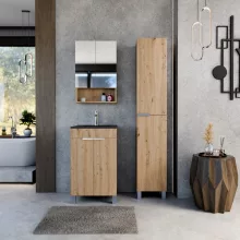 HD Paris Oak 50 komplett fürdőszoba bútor álló mosdószekrénnyel, szálcsiszolt króm elemekkel, matt fekete slim mosdóval és tükrös szekrénnyel