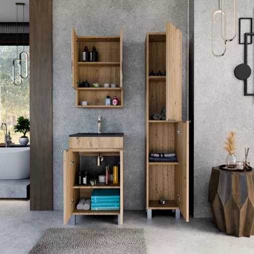 HD Paris Oak 50 komplett fürdőszoba bútor álló mosdószekrénnyel, szálcsiszolt króm elemekkel, matt fekete slim mosdóval és tükrös szekrénnyel