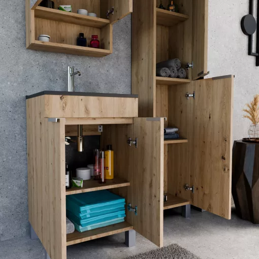 HD Paris Oak 50 komplett fürdőszoba bútor álló mosdószekrénnyel, szálcsiszolt króm elemekkel, matt fekete slim mosdóval és tükrös szekrénnyel