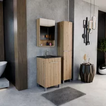 HD Paris Oak 50 komplett fürdőszoba bútor szett álló mosdószekrénnyel, szálcsiszolt króm elemekkel, matt fekete slim mosdóval, tükrös szekrénnyel és magasszekrénnyel