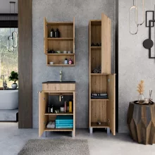 HD Paris Oak 50 komplett fürdőszoba bútor szett álló mosdószekrénnyel, szálcsiszolt króm elemekkel, matt fekete slim mosdóval, tükrös szekrénnyel és magasszekrénnyel