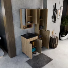 HD Paris Oak 50 komplett fürdőszoba bútor szett álló mosdószekrénnyel, szálcsiszolt króm elemekkel, matt fekete slim mosdóval, tükrös szekrénnyel és magasszekrénnyel