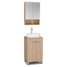 HD Paris Oak 50 komplett fürdőszoba bútor álló mosdószekrénnyel, szálcsiszolt króm elemekkel, tölgyfa színű mosdópulttal és tükrös szekrénnyel