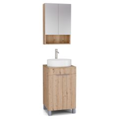   HD Paris Oak 50 komplett fürdőszoba bútor álló mosdószekrénnyel, szálcsiszolt króm elemekkel, tölgyfa színű mosdópulttal és tükrös szekrénnyel