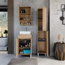 HD Paris Oak 50 komplett fürdőszoba bútor álló mosdószekrénnyel, szálcsiszolt króm elemekkel, tölgyfa színű mosdópulttal és tükrös szekrénnyel