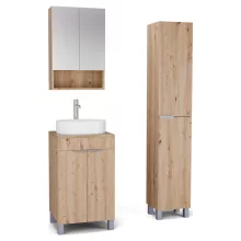 HD Paris Oak 50 komplett fürdőszoba bútor szett álló mosdószekrénnyel, szálcsiszolt króm elemekkel, tölgyfa színű mosdópulttal, tükrös szekrénnyel és magasszekrénnyel