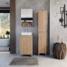 HD Paris Oak 50 komplett fürdőszoba bútor szett álló mosdószekrénnyel, szálcsiszolt króm elemekkel, tölgyfa színű mosdópulttal, tükrös szekrénnyel és magasszekrénnyel