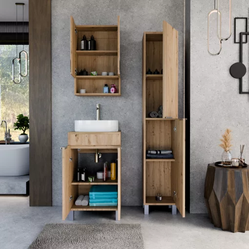 HD Paris Oak 50 komplett fürdőszoba bútor szett álló mosdószekrénnyel, szálcsiszolt króm elemekkel, tölgyfa színű mosdópulttal, tükrös szekrénnyel és magasszekrénnyel