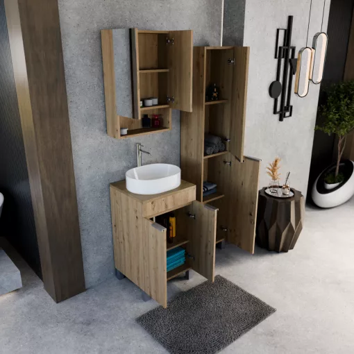 HD Paris Oak 50 komplett fürdőszoba bútor szett álló mosdószekrénnyel, szálcsiszolt króm elemekkel, tölgyfa színű mosdópulttal, tükrös szekrénnyel és magasszekrénnyel