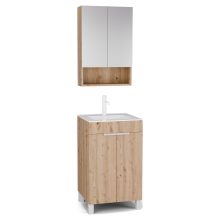 HD Paris Oak 50 komplett fürdőszoba bútor álló mosdószekrénnyel, matt fehér elemekkel, fényes fehér slim mosdóval és tükrös szekrénnyel