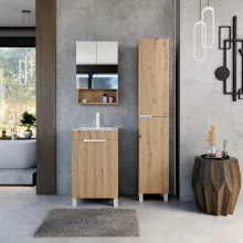 HD Paris Oak 50 komplett fürdőszoba bútor álló mosdószekrénnyel, matt fehér elemekkel, fényes fehér slim mosdóval és tükrös szekrénnyel