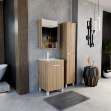 HD Paris Oak 50 komplett fürdőszoba bútor álló mosdószekrénnyel, matt fehér elemekkel, fényes fehér slim mosdóval és tükrös szekrénnyel