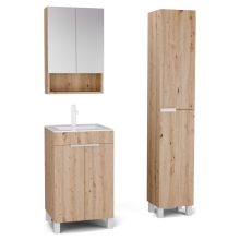 HD Paris Oak 50 komplett fürdőszoba bútor szett álló mosdószekrénnyel, matt fehér elemekkel, fényes fehér slim mosdóval, tükrös szekrénnyel és magasszekrénnyel
