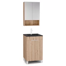 HD Paris Oak 50 komplett fürdőszoba bútor álló mosdószekrénnyel, matt fehér elemekkel, matt fekete slim mosdóval és tükrös szekrénnyel