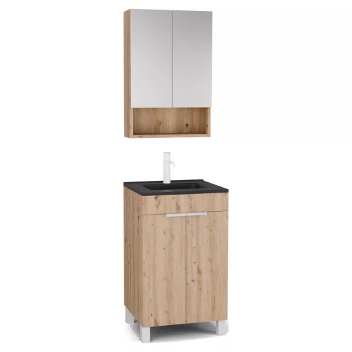HD Paris Oak 50 komplett fürdőszoba bútor álló mosdószekrénnyel, matt fehér elemekkel, matt fekete slim mosdóval és tükrös szekrénnyel