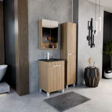 HD Paris Oak 50 komplett fürdőszoba bútor álló mosdószekrénnyel, matt fehér elemekkel, matt fekete slim mosdóval és tükrös szekrénnyel