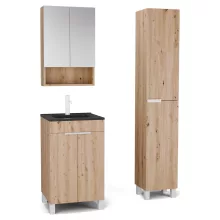 HD Paris Oak 50 komplett fürdőszoba bútor szett álló mosdószekrénnyel, matt fehér elemekkel, matt fekete slim mosdóval, tükrös szekrénnyel és magasszekrénnyel