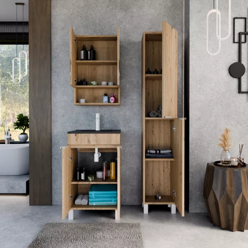 HD Paris Oak 50 komplett fürdőszoba bútor szett álló mosdószekrénnyel, matt fehér elemekkel, matt fekete slim mosdóval, tükrös szekrénnyel és magasszekrénnyel