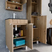 HD Paris Oak 50 komplett fürdőszoba bútor szett álló mosdószekrénnyel, matt fehér elemekkel, matt fekete slim mosdóval, tükrös szekrénnyel és magasszekrénnyel