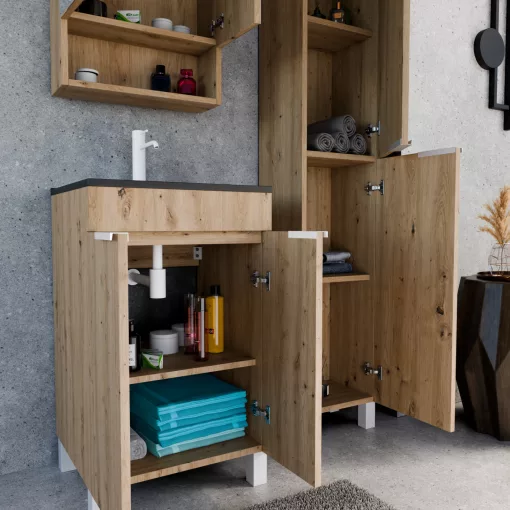 HD Paris Oak 50 komplett fürdőszoba bútor szett álló mosdószekrénnyel, matt fehér elemekkel, matt fekete slim mosdóval, tükrös szekrénnyel és magasszekrénnyel