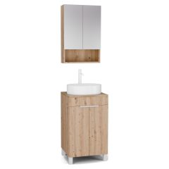   HD Paris Oak 50 komplett fürdőszoba bútor álló mosdószekrénnyel, matt fehér elemekkel, tölgyfa színű mosdópulttal és tükrös szekrénnyel