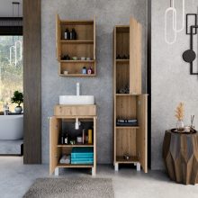 HD Paris Oak 50 komplett fürdőszoba bútor álló mosdószekrénnyel, matt fehér elemekkel, tölgyfa színű mosdópulttal és tükrös szekrénnyel