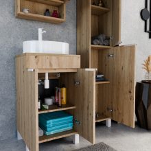 HD Paris Oak 50 komplett fürdőszoba bútor álló mosdószekrénnyel, matt fehér elemekkel, tölgyfa színű mosdópulttal és tükrös szekrénnyel