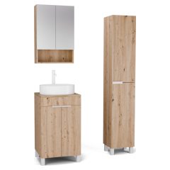   HD Paris Oak 50 komplett fürdőszoba bútor szett álló mosdószekrénnyel, matt fehér elemekkel, tölgyfa színű mosdópulttal, tükrös szekrénnyel és magasszekrénnyel