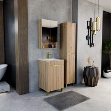 HD Paris Oak 50 komplett fürdőszoba bútor álló mosdószekrénnyel, szálcsiszolt arany elemekkel, fényes fehér slim mosdóval és tükrös szekrénnyel