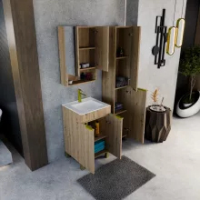 HD Paris Oak 50 komplett fürdőszoba bútor álló mosdószekrénnyel, szálcsiszolt arany elemekkel, fényes fehér slim mosdóval és tükrös szekrénnyel