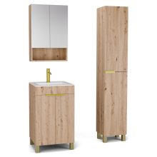 HD Paris Oak 50 komplett fürdőszoba bútor szett álló mosdószekrénnyel, szálcsiszolt arany elemekkel, fényes fehér slim mosdóval, tükrös szekrénnyel és magasszekrénnyel