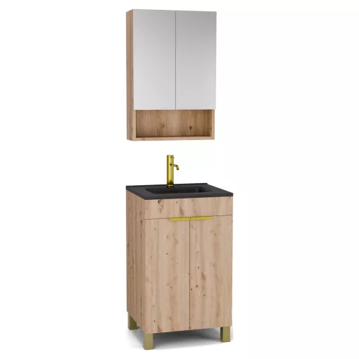 HD Paris Oak 50 komplett fürdőszoba bútor álló mosdószekrénnyel, szálcsiszolt arany elemekkel, matt fekete slim mosdóval és tükrös szekrénnyel