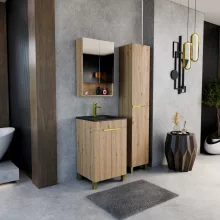 HD Paris Oak 50 komplett fürdőszoba bútor álló mosdószekrénnyel, szálcsiszolt arany elemekkel, matt fekete slim mosdóval és tükrös szekrénnyel