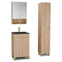 HD Paris Oak 50 komplett fürdőszoba bútor szett álló mosdószekrénnyel, szálcsiszolt arany elemekkel, matt fekete slim mosdóval, tükrös szekrénnyel és magasszekrénnyel