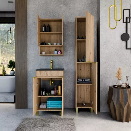 HD Paris Oak 50 komplett fürdőszoba bútor szett álló mosdószekrénnyel, szálcsiszolt arany elemekkel, matt fekete slim mosdóval, tükrös szekrénnyel és magasszekrénnyel