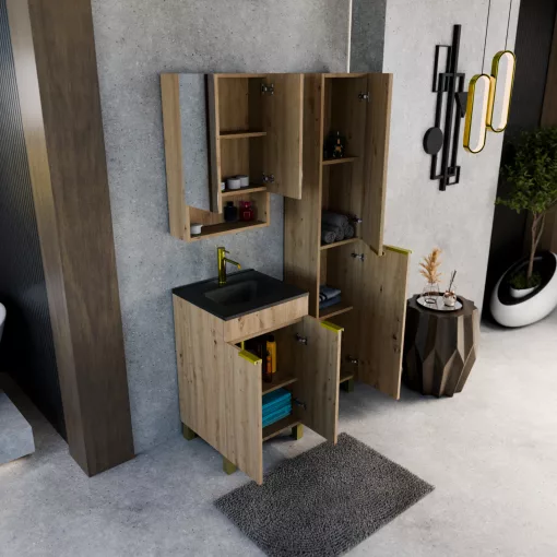 HD Paris Oak 50 komplett fürdőszoba bútor szett álló mosdószekrénnyel, szálcsiszolt arany elemekkel, matt fekete slim mosdóval, tükrös szekrénnyel és magasszekrénnyel