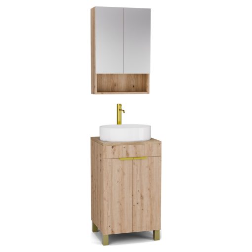 HD Paris Oak 50 komplett fürdőszoba bútor álló mosdószekrénnyel, szálcsiszolt arany elemekkel, tölgyfa színű mosdópulttal és tükrös szekrénnyel
