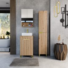 HD Paris Oak 50 komplett fürdőszoba bútor szett álló mosdószekrénnyel, szálcsiszolt arany elemekkel, tölgyfa színű mosdópulttal, tükrös szekrénnyel és magasszekrénnyel