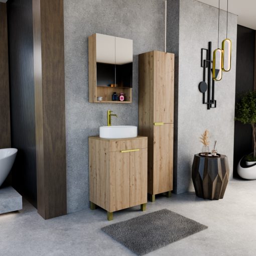 HD Paris Oak 50 komplett fürdőszoba bútor szett álló mosdószekrénnyel, szálcsiszolt arany elemekkel, tölgyfa színű mosdópulttal, tükrös szekrénnyel és magasszekrénnyel