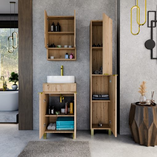 HD Paris Oak 50 komplett fürdőszoba bútor szett álló mosdószekrénnyel, szálcsiszolt arany elemekkel, tölgyfa színű mosdópulttal, tükrös szekrénnyel és magasszekrénnyel