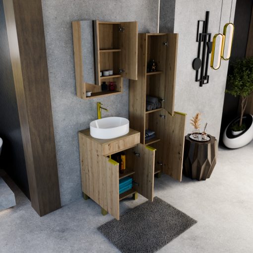 HD Paris Oak 50 komplett fürdőszoba bútor szett álló mosdószekrénnyel, szálcsiszolt arany elemekkel, tölgyfa színű mosdópulttal, tükrös szekrénnyel és magasszekrénnyel