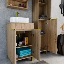 HD Paris Oak 50 komplett fürdőszoba bútor szett álló mosdószekrénnyel, szálcsiszolt arany elemekkel, tölgyfa színű mosdópulttal, tükrös szekrénnyel és magasszekrénnyel