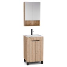 HD Paris Oak 50 komplett fürdőszoba bútor álló mosdószekrénnyel, matt fekete elemekkel, fényes fehér slim mosdóval és tükrös szekrénnyel