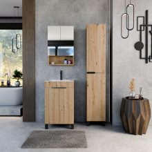 HD Paris Oak 50 komplett fürdőszoba bútor álló mosdószekrénnyel, matt fekete elemekkel, fényes fehér slim mosdóval és tükrös szekrénnyel