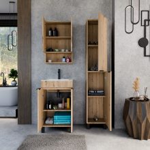 HD Paris Oak 50 komplett fürdőszoba bútor álló mosdószekrénnyel, matt fekete elemekkel, fényes fehér slim mosdóval és tükrös szekrénnyel