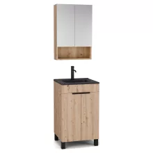 HD Paris Oak 50 komplett fürdőszoba bútor álló mosdószekrénnyel, matt fekete elemekkel, matt fekete slim mosdóval és tükrös szekrénnyel