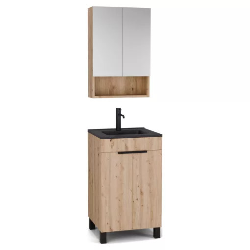 HD Paris Oak 50 komplett fürdőszoba bútor álló mosdószekrénnyel, matt fekete elemekkel, matt fekete slim mosdóval és tükrös szekrénnyel